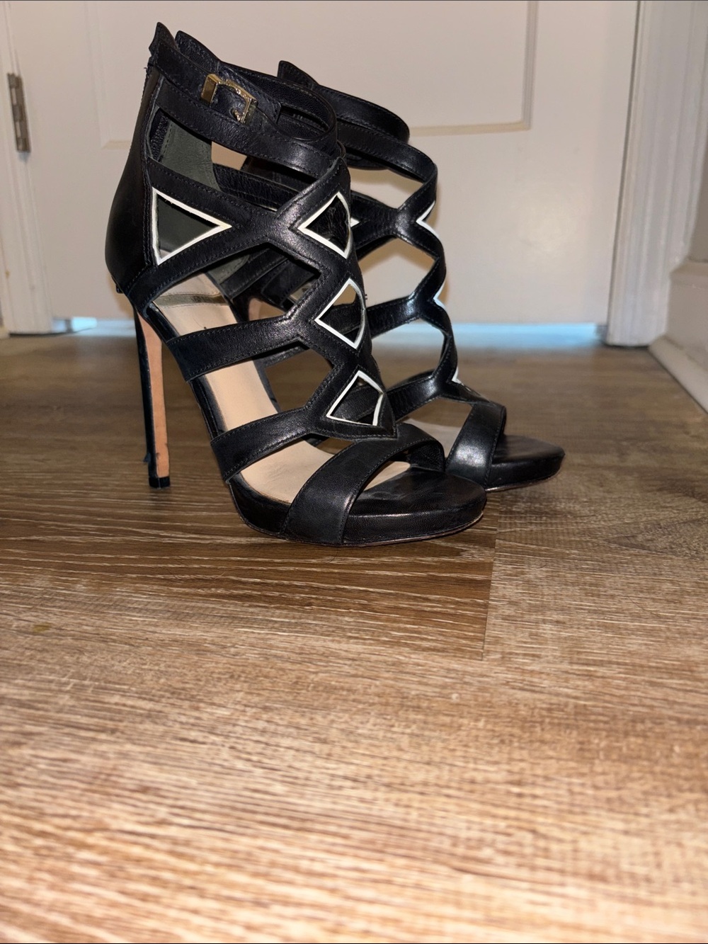 Marciano Black Geometric Cutout Strappy High Heels